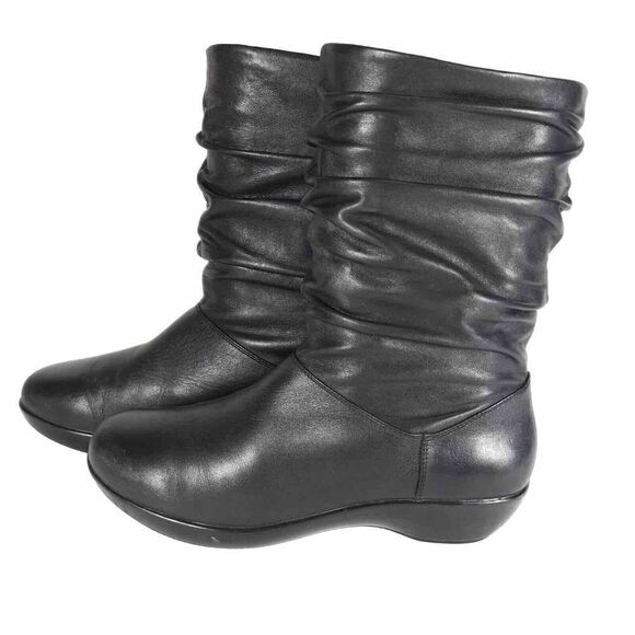Dansko Women's Devin US8-8,5 EU 39 Solid Black Leather Pull On Slouch Boots - Picture 2 of 12